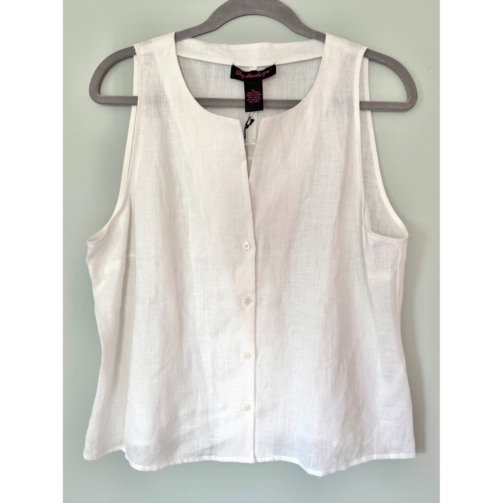 Y2K Lily Stanhope White 100% Linen Button Front Shell Top XL NWT Coastal Grandma - Picture 2 of 5